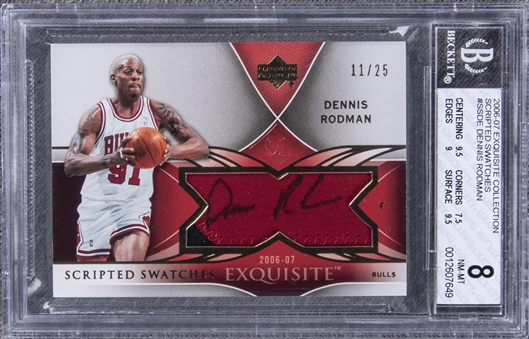 2006-07 UD "Exquisite Collection" Scripted Swatches #SS-DE Dennis Rodman Signed Game Used Patch Card (#11/25) – BGS NM-MT 8/BGS 10